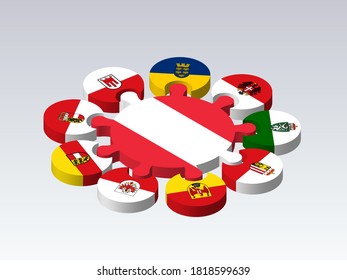 Puzzle 3D from Austria flags on gray background. Austria Flags Puzzle isometry. Set of 3D puzzles with flags of nine lands Austria.  EPS10.