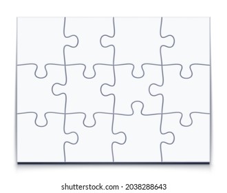 Puzzle 3x4 grid. Jigsaw game with 12 pieces, mosaic vector mockup illustration