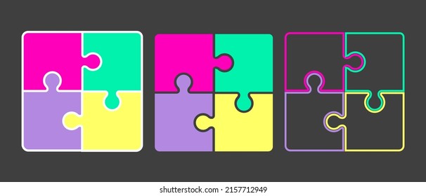 Puzzle of 4 pieces. Square shape. Fill and stroke. Vector design.