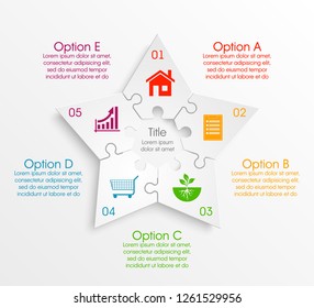 Puzzle 5 star banner presentation. Abstract five pointed star puzzle infograph template explanatory text field business statistics. Vector 5 pieces puzzles illustration. Section compare service banner