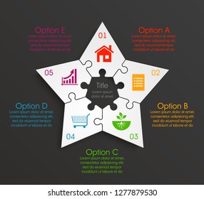Puzzle 5 star banner presentation. Abstract five pointed star puzzle infograph template explanatory text field business statistics. Vector 5 pieces puzzles illustration. Section compare service banner