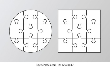 Quebra-cabeça 9 peças. Cortando modelo mosaico. Conjunto de grades do quebra-cabeça. Esquema para pensar jogo. Fundo simples com detalhes separados. Ladrilhos de quadros. Ilustração vetorial.