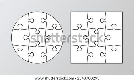 Puzzle 9 pieces. Simple background with separate details. Cutting template mosaic. Jigsaw grids set. Scheme for thinking game. Frame tiles. Vector illustration.