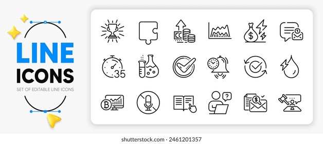 Puzzle, Accounting report and New message line icons set for app include Approved, Trade chart, Bitcoin chart outline thin icon. Electricity price, Inflation, Timer pictogram icon. Vector