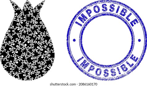 Puzzle alien egg mosaic icon with Impossible seal stamp. Blue vector rounded distress seal stamp with Impossible text. Abstract composition of alien egg icon created of puzzle icons.