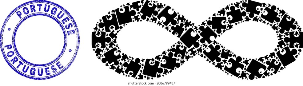 Puzzle alternative infinity mosaic icon and Portuguese seal. Blue vector round grunge seal with Portuguese phrase. Abstract mosaic of alternative infinity icon combined of puzzle components.