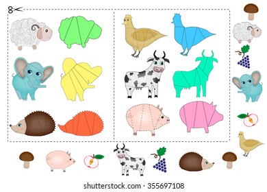 Puzzle with animal (elephant, sheep, cow, chicken, hedgehog, pig)