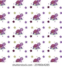 The puzzle appears to be a repeating pattern featuring purple turtles with floral designs on their shells, interspersed with small dots of various colors on a white background. 