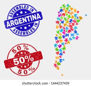 Puzzle Argentina map and blue Assembled seal stamp, and 50% scratched seal. Bright vector Argentina map mosaic of plug-in bricks. Red rounded 50% stamp.