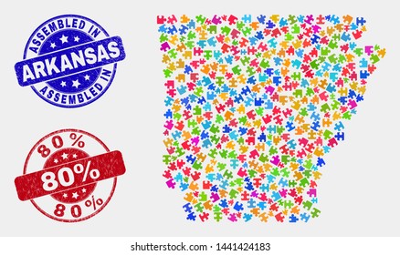 Puzzle Arkansas State map and blue Assembled seal, and 80% textured seal stamp. Colored vector Arkansas State map mosaic of plugin elements. Red rounded 80% imprint.