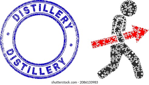 Icono de mosaico de ladrón de flecha de rompecabezas con sello de sello de sello de destilería. Sello de textura azul vectorial redondo con pie de destilería. Resumen mosaico del icono del tirador de flecha hecho de plugins de rompecabezas.