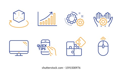 Puzzle, Augmented reality and Education line icons set. Computer, Graph chart and Gears signs. Employee hand, Swipe up symbols. Engineering strategy, Virtual reality. Science set. Vector