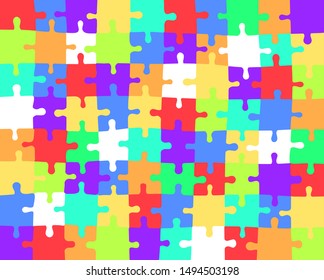 Puzzle background. Background with puzzle 80 color separate pieces mosaic, details. Rectangle outline abstract jigsaw. Game group detail.