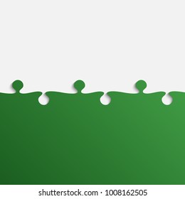 Puzzle background, banner, blank. Vector jigsaw section template. Background with puzzle green pieces, mosaic, details, tiles, parts. Square abstract jigsaw. Game puzzles blank.