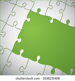 Puzzle background, banner, blank. Vector jigsaw section template. Background with grey puzzle frame separate pieces, mosaic, details, tiles, parts. Square abstract jigsaw. Game group detail.