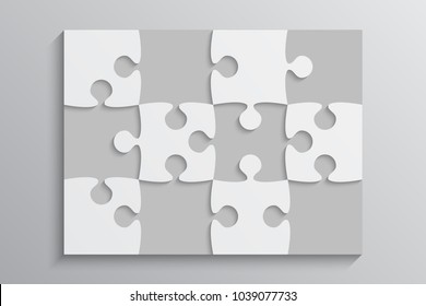 Puzzle background, banner, blank. Vector jigsaw section template. Background with puzzle 12 grey separate pieces, mosaic, details, tiles, parts. Rectangle outline abstract jigsaw. Game group detail.