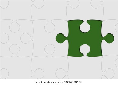 Puzzle background, banner, blank. Vector jigsaw section template. Background with green one puzzle frame separate pieces, mosaic, details, tiles, parts. Rectangle abstract jigsaw. Game one detail.