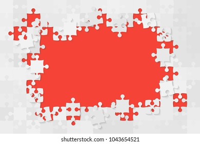 Puzzle background, banner, blank. Vector jigsaw section template. Background with grey puzzle frame separate pieces, mosaic, details, tiles, parts. Rectangle abstract jigsaw. Game group detail.