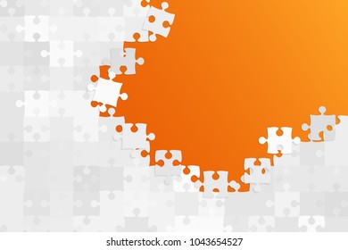 Puzzle background, banner, blank. Vector jigsaw section template. Background with grey puzzle frame separate pieces, mosaic, details, tiles, parts. Rectangle abstract jigsaw. Game group detail.