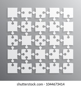 Puzzle background, banner, blank. Vector jigsaw section template. Background with puzzle 25 grey separate pieces mosaic, details, tiles, parts. Square outline abstract jigsaw. Game group detail.