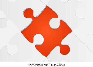 Puzzle background, banner, blank. Vector jigsaw section template. Background with orange one puzzle frame separate pieces, mosaic, details, tiles, parts. Rectangle abstract jigsaw. Game one detail.