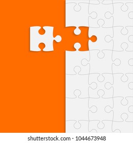 Puzzle background, banner, blank. Vector jigsaw section template. Background with white puzzle frame separate pieces, mosaic, details, tiles, parts. Square abstract jigsaw. Game one detail.