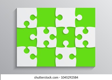 Puzzle background, banner, blank. Vector jigsaw section template. Background with puzzle 12 green separate pieces, mosaic, details, tiles, parts. Rectangle outline abstract jigsaw. Game group detail.