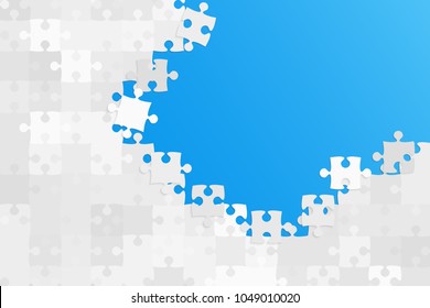 Puzzle background, banner, blank. Vector jigsaw section template. Background with grey puzzle frame separate pieces, mosaic, details, tiles, parts. Rectangle abstract jigsaw. Game group detail.