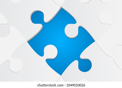 Puzzle background, banner, blank. Vector jigsaw section template. Background with blue one puzzle frame separate pieces, mosaic, details, tiles, parts. Rectangle abstract jigsaw. Game one detail.