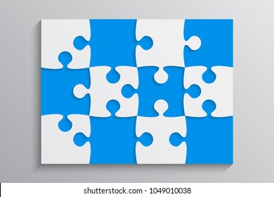 Puzzle background, banner, blank. Vector jigsaw section template. Background with puzzle 12 separate pieces, mosaic, details, tiles, parts. Rectangle outline abstract jigsaw. Game group detail.