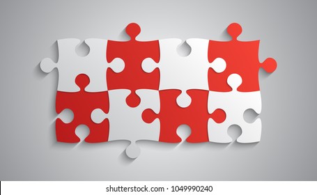 Puzzle background, banner, blank. Vector jigsaw section template. Background with puzzle 8 separate pieces, mosaic, details, tiles, parts. Rectangle abstract jigsaw. Game group detail.