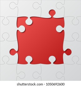 Puzzle background, banner, blank. Vector jigsaw section template. Background with red puzzle frame separate pieces, mosaic, details, tiles, parts. Square outline abstract jigsaw. Game group detail.