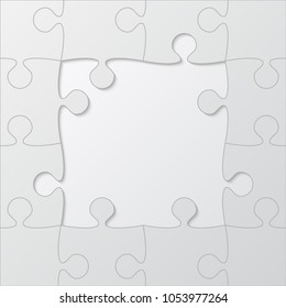 Puzzle background, banner, blank. Vector jigsaw section template. Background with grey puzzle frame separate pieces, mosaic, details, tiles, parts. Square abstract jigsaw. Game group detail.