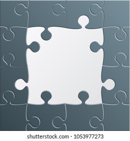Puzzle background, banner, blank. Vector jigsaw section template. Background with metal puzzle frame separate pieces, mosaic, details, tiles, parts. Square abstract jigsaw. Game group detail.