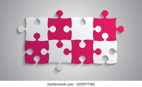 Puzzle background, banner, blank. Vector jigsaw section template. Background with puzzle 8 separate pieces, mosaic, details, tiles, parts. Rectangle outline abstract jigsaw. Game group detail.