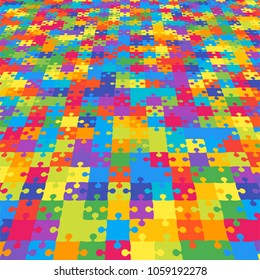 Puzzle background, banner, blank. Vector jigsaw section template. Background with colorful puzzle separate pieces, mosaic, details, tiles, parts. Square perspective jigsaw. Game group detail. 