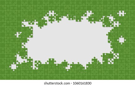 Puzzle background, banner, blank. Vector jigsaw section template. Background with green puzzle frame separate pieces, mosaic, details, tiles, parts. Rectangle abstract jigsaw. Game group detail.