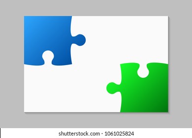 Puzzle background, banner, blank. Vector jigsaw section template. Background with green blue puzzle frame separate pieces, mosaic, details, tiles, parts. Rectangle abstract jigsaw. Game group detail.