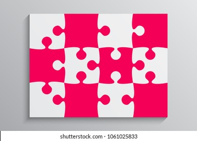 Puzzle background, banner, blank. Vector jigsaw section template. Background with puzzle 12 separate pieces, mosaic, details, tiles, parts. Rectangle outline abstract jigsaw. Game group detail.