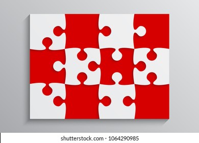 Puzzle background, banner, blank. Vector jigsaw section template. Background with puzzle 12 separate pieces, mosaic, details, tiles, parts. Rectangle outline abstract jigsaw. Game group detail.