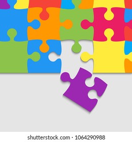 Puzzle background, banner, blank. Vector jigsaw section template. Background with colorful puzzle frame separate pieces, mosaic, details, tiles, parts. Square abstract jigsaw. Game group detail.