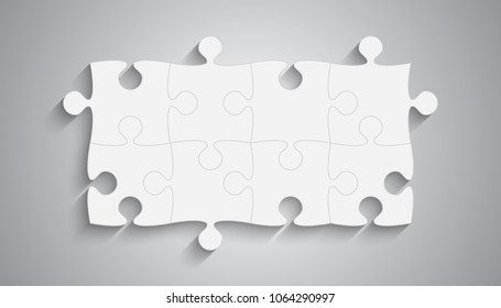 Fondo del rompecabezas, Anuncio, en blanco. Plantilla de sección de rompecabezas de Vector. Fondo con rompecabezas 8 piezas separadas blancas, mosaico, detalles, azulejos, piezas. Rompecabezas abstracto de contorno de rectángulo. Detalle del grupo de juego.