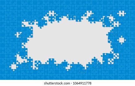 Puzzle background, banner, blank. Vector jigsaw section template. Background with blue puzzle frame separate pieces, mosaic, details, tiles, parts. Rectangle abstract jigsaw. Game group detail.