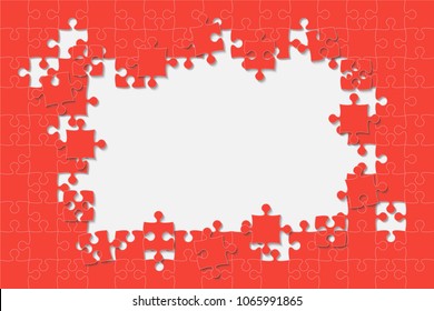 Puzzle background, banner, blank. Vector jigsaw section template. Background with red puzzle frame separate pieces, mosaic, details, tiles, parts. Rectangle abstract jigsaw. Game group detail.