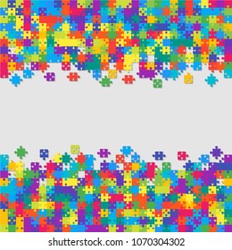 Puzzle background, banner, blank. Vector jigsaw section template. Background with colorful puzzle frame separate pieces, mosaic, details, tiles, parts. Square abstract jigsaw. Game group detail.
