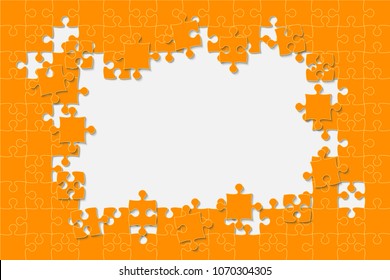 Puzzle background, banner, blank. Vector jigsaw section template. Background with orange puzzle frame separate pieces, mosaic, details, tiles, parts. Rectangle abstract jigsaw. Game group detail.