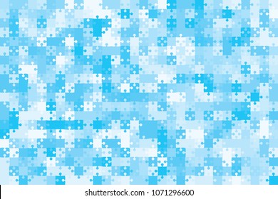 Puzzle background, banner, blank. Vector jigsaw section template. Background with puzzle 500 blue separate pieces, mosaic, details, tiles, parts. Rectangle outline abstract jigsaw. Game group detail.