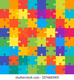 Puzzle background, banner, blank. Vector jigsaw section template. Background with 64 colorful puzzle frame separate pieces, mosaic, details, tiles, parts. Square abstract jigsaw. Game group detail.