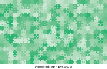 Puzzle background, banner, blank. Vector jigsaw section template. Background with puzzle 375 green separate pieces, mosaic, details, tiles, parts. Rectangle outline abstract jigsaw. Game group detail.