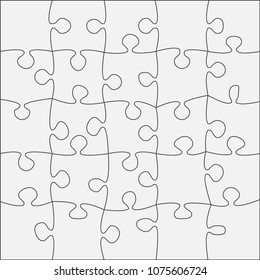 Puzzle background, banner, blank. Vector jigsaw section template. Background with 25 white puzzle frame separate pieces, mosaic, details, tiles, parts. Square abstract jigsaw. Game group detail.
